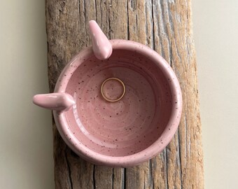 Lovebirds Ring Dish in Pink, Wedding Ring Dish, Wheel Thrown Speckled Stoneware Ring Holder, by DirtKicker Pottery