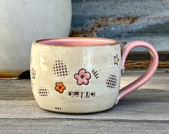 Pottery Mug with Pink and Orange Rustic Boho Flowers, smile inscribed, Porcelain Pottery Art Mug, by DirtKicker Pottery