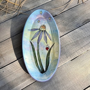 Oval Porcelain Tray with Hand Illustrated Echinacea Flowers, by DirtKicker Pottery