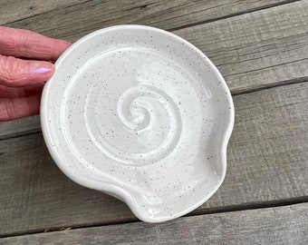 Pottery Spoon Rest in White Specked, Large Spoon Rest, by DirtKicker Pottery