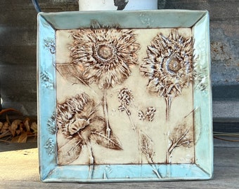 Botanical Art Plate with Real Sunflower Impressions, Porcelain Square 9 inch Plate Tray in Sepia and Light Blue, by DirtKicker Pottery