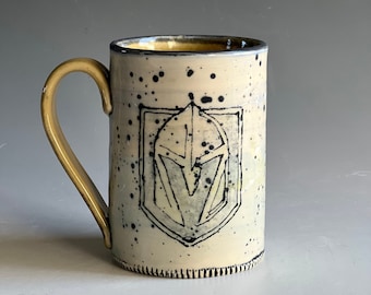 Vegas Golden Knights Art Mug, Handmade Porcelain Art Mug with Hockey VGK, Hockey Pottery Mug, by Reilly Turner, DirtKicker Pottery