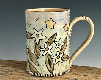 Pottery Mug with Night Blooming Jasmine flowers and Stars, Large Porcelain Coffee Mug, Handmade Art Mug, by DirtKicker Pottery