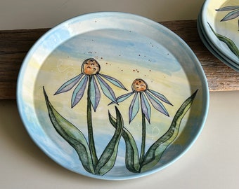 Porcelain Plate with Watercolor Echinacea Flowers, Handmade 10 inch Dinner Plate with Coneflower Art, by DirtKicker Pottery