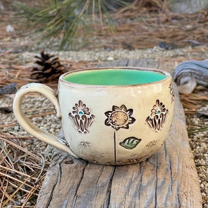 Porcelain Pottery Mug with Rustic Sunflower,  Handmade Art Mug,  by DirtKicker Pottery