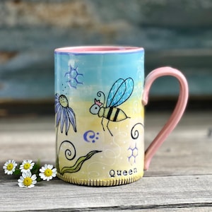 Queen Bee Porcelain Art Mug with Echinacea Flowers, by DirtKicker Pottery