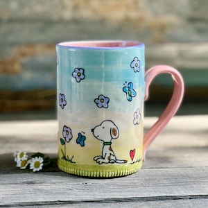 Handmade Spring Mug, Butterfly Kisses, Snoopy Puppy Coffee Mug, Porcelain, 17-ounce, by DirtKicker Pottery