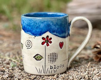 Large Pottery Mug with Red Daisies, Bloom inscribed, Wheel Thrown Porcelain Coffee Mug, by DirtKicker Pottery