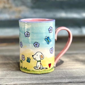 Handmade Spring Mug, Butterfly Kisses, Snoopy Puppy Coffee Mug, Porcelain, 17-ounce, by DirtKicker Pottery