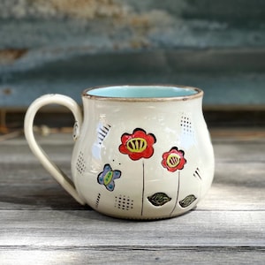 Porcelain Mug with Flowers and Butterfly, 19-ounce capacity, Wheel thrown, by DirtKicker Pottery
