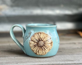 Porcelain Teacup with Daisy Applique, Vintage Style Pottery Mug, Love is Kind Mug, Handmade Coffee Mug, by DirtKicker Pottery