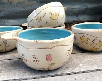 Pottery Bowl with Handle - Pink and Purple Flowers - Cute Bird and Stars - Farmhouse Style  - Porcelain Art Bowl - by DirtKicker Pottery