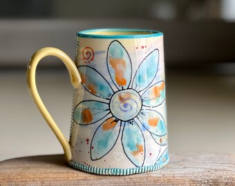 Porcelain Pottery Mug with Colorful Boho Flowers, Extra Large Coffee Lover Mug, Handmade Art Mug, by DirtKicker Pottery