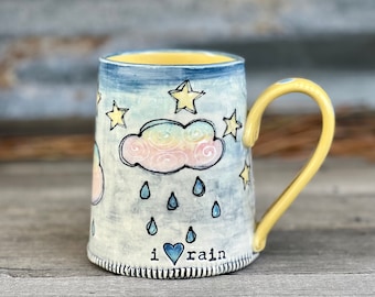 Porcelain Pottery Art Mug with Rain Storm at Night, I Love Rain Inscribed, Large Handmade Coffee Mug, by DirtKicker Pottery
