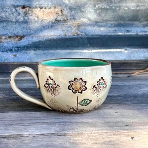 Porcelain Pottery Mug with Rustic Sunflower, Handmade by DirtKicker Pottery