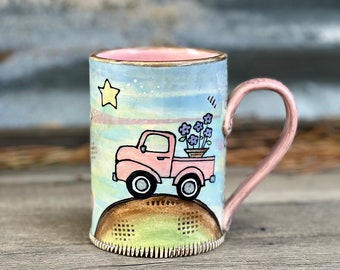 Pink Pickup Truck Mug, Porcelain Pottery Art Mug, Cute Coffee Mug with Purple Flower Delivery, by DirtKicker Pottery