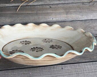 Rustic Pie Pan with Daisy Flowers, Farmhouse Style Porcelain Pie Dish with Turquoise, Wide Rim Fluted  Pie Dish, by DirtKicker Pottery