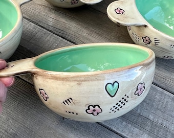 Handmade Pottery Bowl with Handle: Turquoise Farmhouse Decor