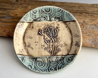 Vintage Style Dish with Dandelion Art in Sepia Wash and Soft Blue, Ring Dish, Soap Dish, by DirtKicker Pottery