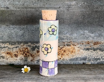 Porcelain Pottery Jar with Boho Flower details, Spice Jar, Small Handmade Jar with Cork Lid,  Storage Jar, by DirtKicker Pottery