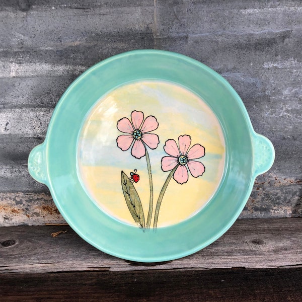 Porcelain Serving Dish with Tab Handles - Handmade Pottery Bowl with Pink Flowers and Ladybug - by DirtKicker Pottery