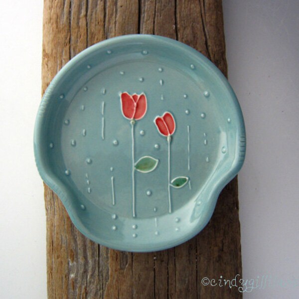 Pottery Spoon Rest in Vintage Turquoise with Rain Drops on Roses - Large Spoon Rest - by DirtKicker Pottery