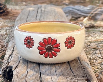Porcelain Ring Dish with Red Boho Flowers, Wheel thrown Pottery Ring Dish, Trinket Dish, by DirtKicker Pottery