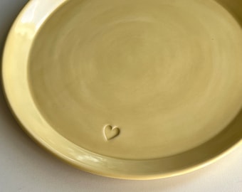 Porcelain Dinner Plate in Golden Yellow with Heart, 10 inch dinner plate, Handmade Plate, by DirtKicker Pottery