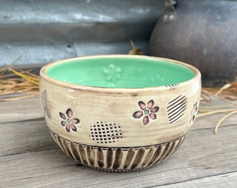 Porcelain Serving Bowl with pink flowers, Farmhouse Style Kitchen Bowl, By DirtKicker Pottery