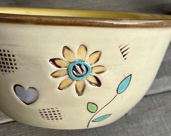 Porcelain Pottery Bowl with Boho Flower, Ladybug and Delicious Inscribed, Farmhouse Style Serving Bowl, By DirtKicker Pottery