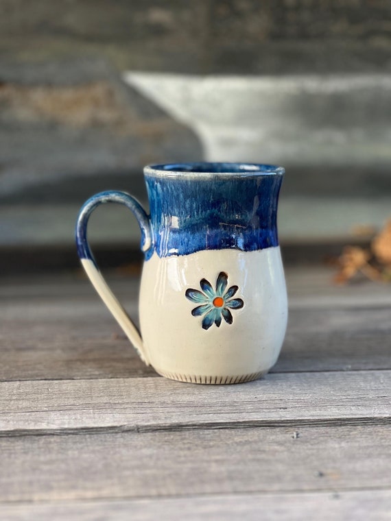 Porcelain Daisy Mug (16-ounce), Decorative Blue Coffee Cup, by DirtKicker  Pottery