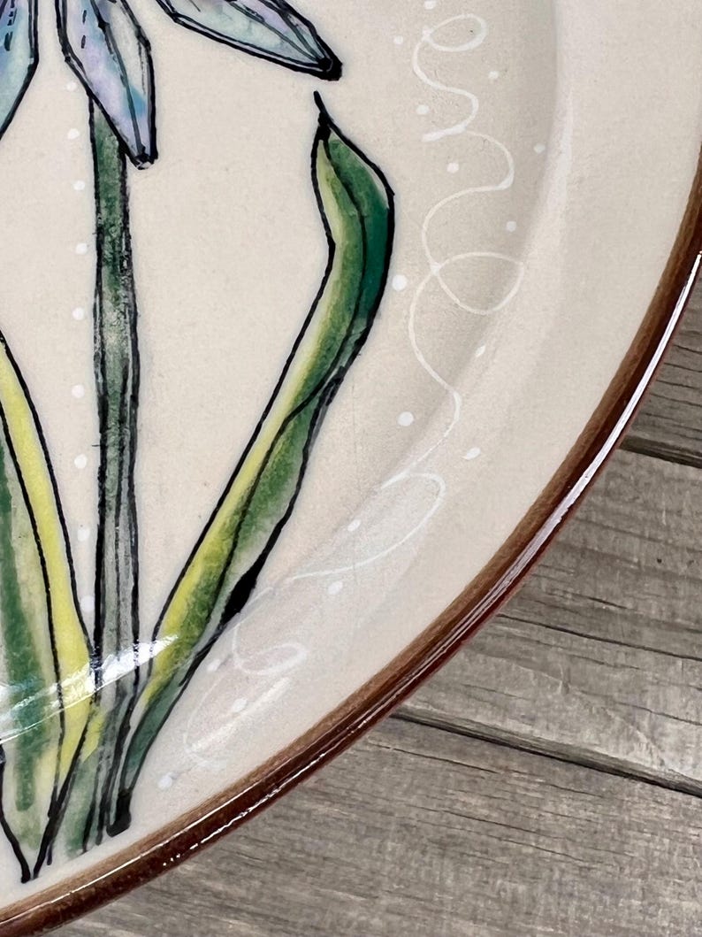 May include: A ceramic plate with a floral design. The plate features a cream-colored surface with a brown rim. The floral design includes blue and green flowers with green leaves. White dots and swirls add detail to the design.