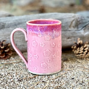 Porcelain Pottery Mug in Pink with Flower Texture, 17-ounce Coffee Mug, by DirtKicker Pottery