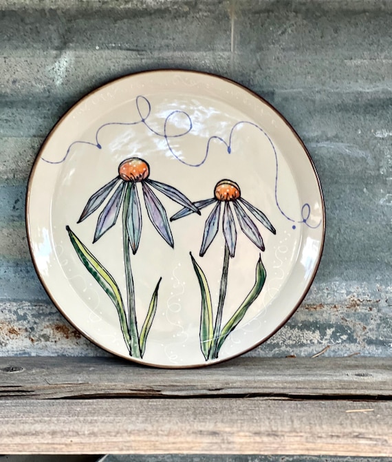 Handmade Porcelain Dinner Plate: Watercolor Echinacea Flowers, Farmhouse Style lightweight 10 inch plate