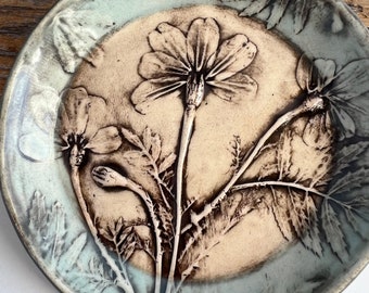 Handmade Appetizer Plate,  Porcelain Dessert Dish in Rustic Blue with Real Flower Art, by DirtKicker Pottery