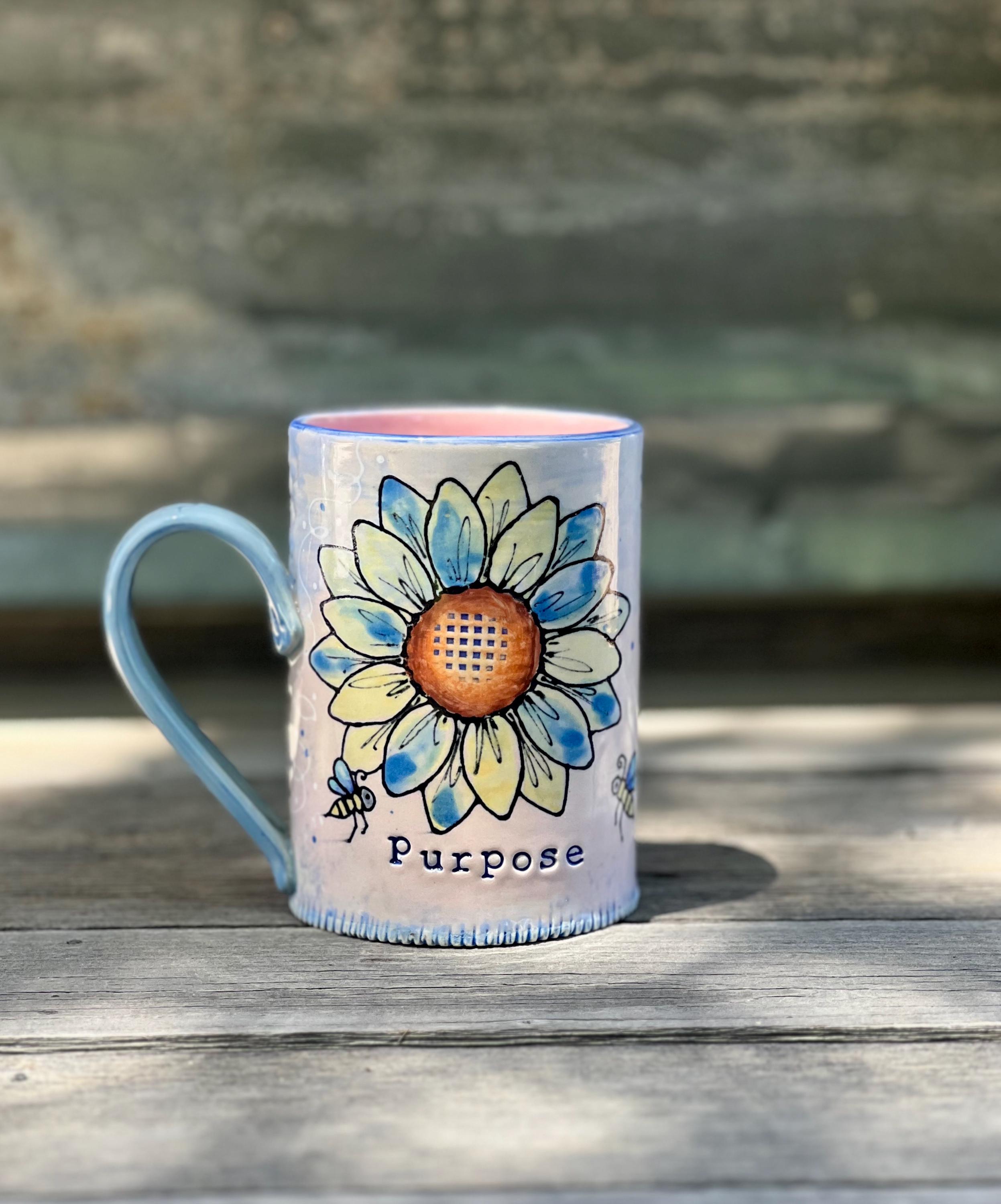Pottery Mug with Honeybees and Big Watercolor Flower, Handmade Porcelain Pottery Art Mug, By DirtKicker Pottery