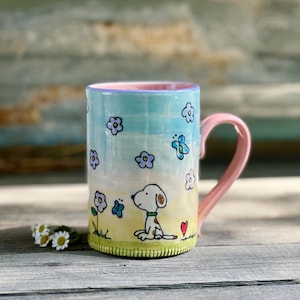 Handmade Spring Mug, Butterfly Kisses, Snoopy Puppy Coffee Mug, Porcelain, 17-ounce, by DirtKicker Pottery