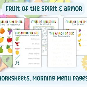 Armor God, Fruit of the Spirit, Morning Menu for Kids, Morning Menu Christian, Morning Menu church, Bible Worksheets, Homeschool Activities