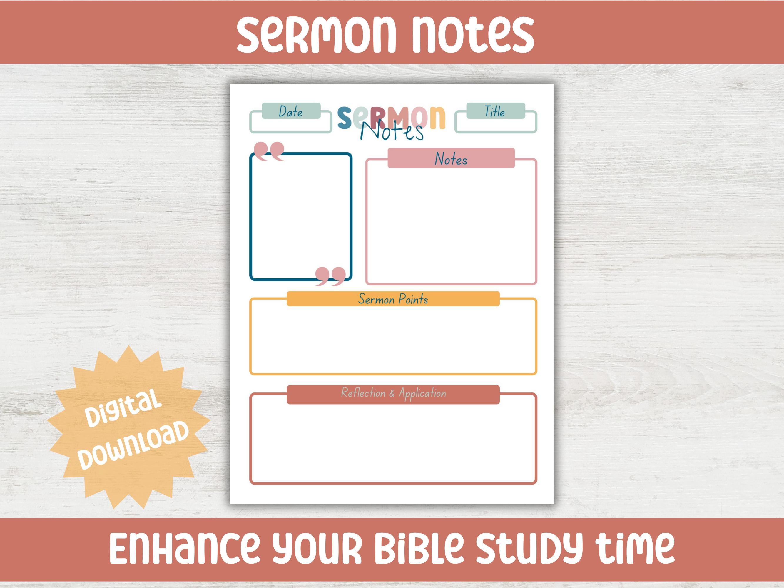 Sermon Notes Printable Template: Bible Study, Church Notes (digital ...