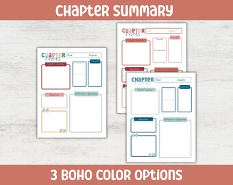 May include: Three printable chapter note templates with different color schemes. Each template includes sections for chapter summary, key points, questions, reflection and application, and space for book and chapter titles.