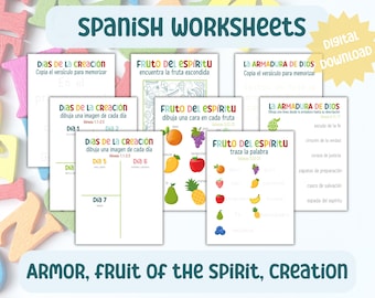 Spanish Fruit of the Spirit, Armor of God & Creation Worksheets: Christian Homeschool (Digital Download)