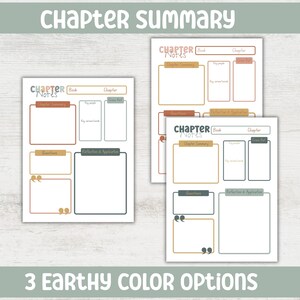 May include: Three printable chapter summary templates in earthy tones. Each template features sections for notes, key people, and reflection. The text "Chapter Summary" and "Chapter Notes" are at the top. The bottom text reads "3 Earthy Color Options".