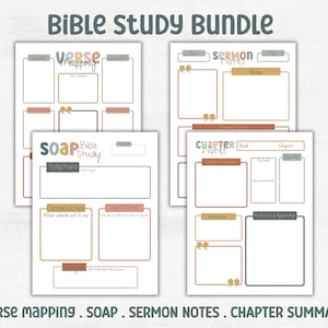 May include: Printable Bible study bundle with four different templates: Verse Mapping, SOAP Bible Study, Sermon Notes, and Chapter Notes. The templates feature a neutral color palette of beige, brown, and gray.