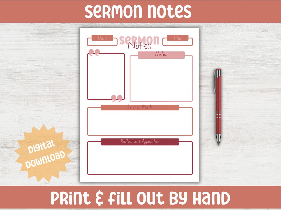 Sermon Notes Printable Template: Bible Study, Church Notes (digital ...