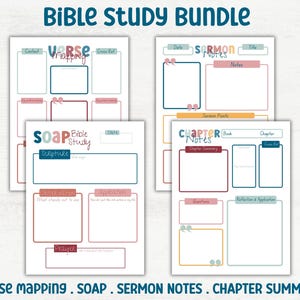 May include: Printable Bible study bundle with four different templates: Verse Mapping, SOAP Bible Study, Sermon Notes, and Chapter Notes. Each template features a colorful design with different sections for taking notes and reflecting on scripture.