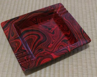 Japanese mid-century lacquerware ashtray red and black swirl. Vintage decor. Housewarming gift.