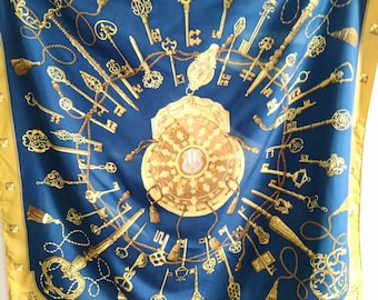 HERMES Carre 90. Les Cles. Guter Zustand. Preussisch blau und gold.