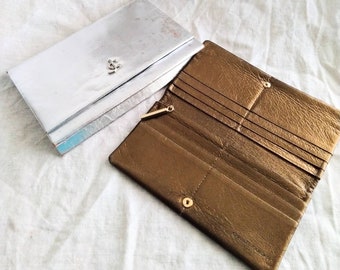 CHARLES JOURDAN Silver leather evening bag and bronze long wallet bundle.  Fair condition. Vintage.