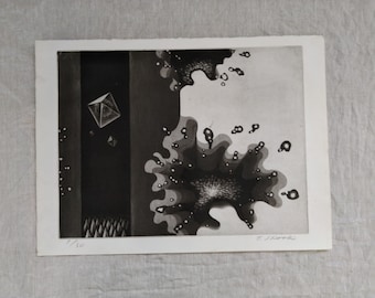 Editioned mezzotint by Japanese artist Toshiyuki Shiroki. Surrealism. Abstraction. 1/3