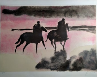 Paul Guiramand. Pferde bei Sonnenuntergang. Lithographie. Editionierter und signierter Kunstdruck.